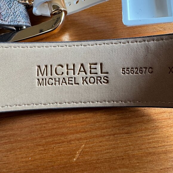 NWT MICHAEL KORS MK Brown/Tan Logo Belt with Goldtone Buckle Style 556267C in XL - Picture 4 of 11